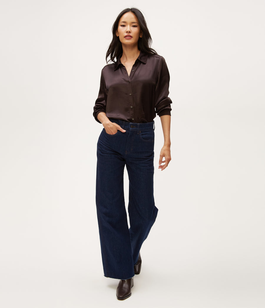 Meredith Satin Button Down Shirt in Java Brown Full Body View #JAVA