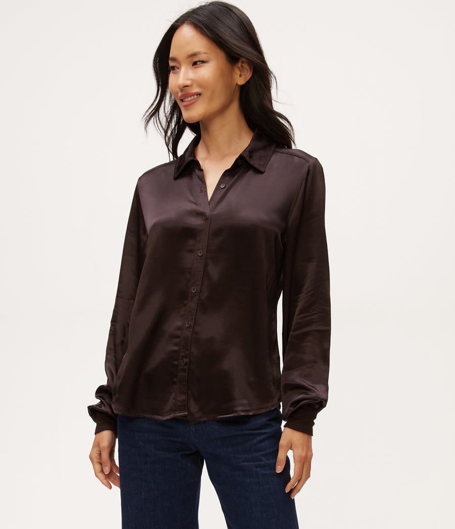 Meredith Satin Button Down Shirt in Java Brown Side View #JAVA