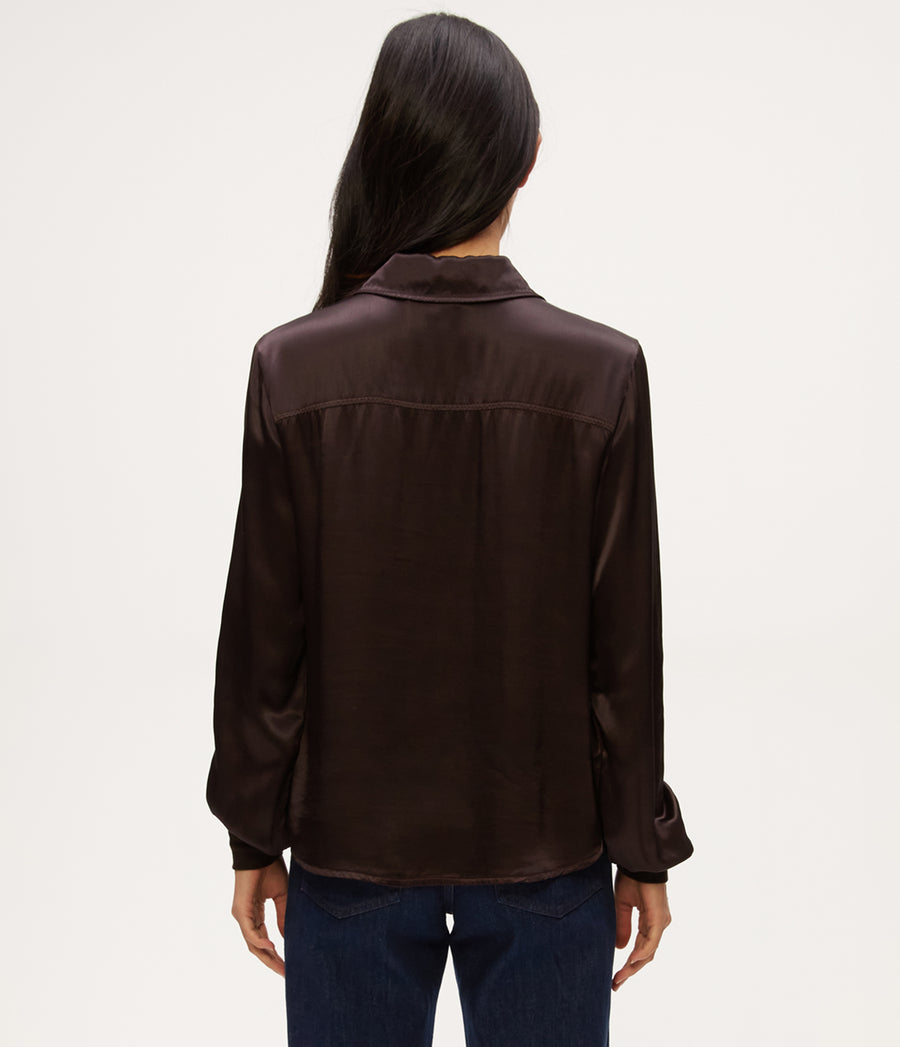 Meredith Satin Button Down Shirt in Java Brown Back View #JAVA