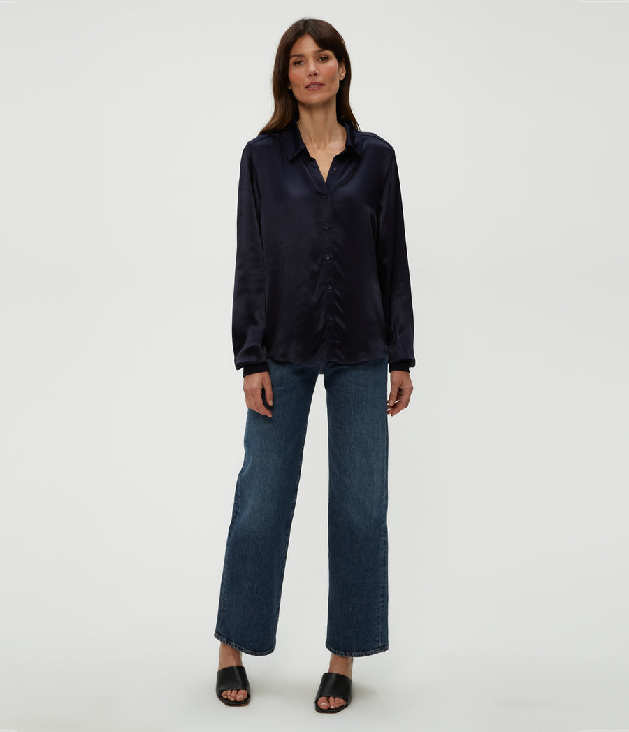 Meredith Satin Button Down Shirt in Nocturnal Blue Full Body View #NOCTURNAL