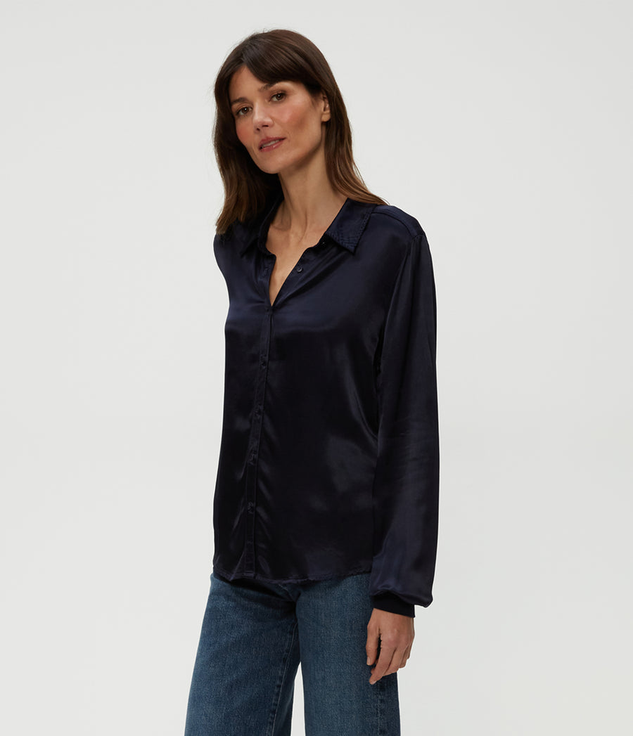 Meredith Satin Button Down Shirt in Nocturnal Blue Side View #NOCTURNAL