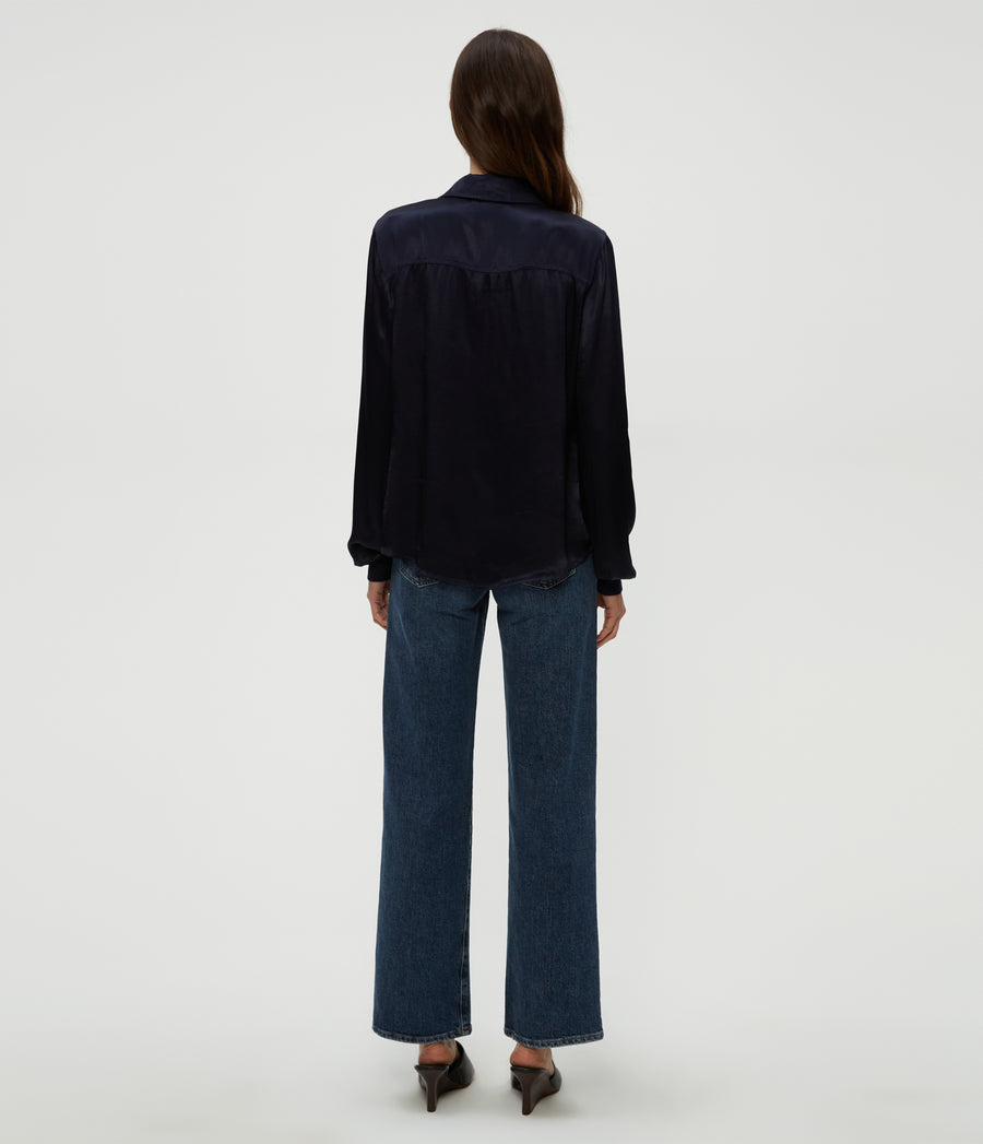 Meredith Satin Button Down Shirt in Nocturnal Blue Back View #NOCTURNAL