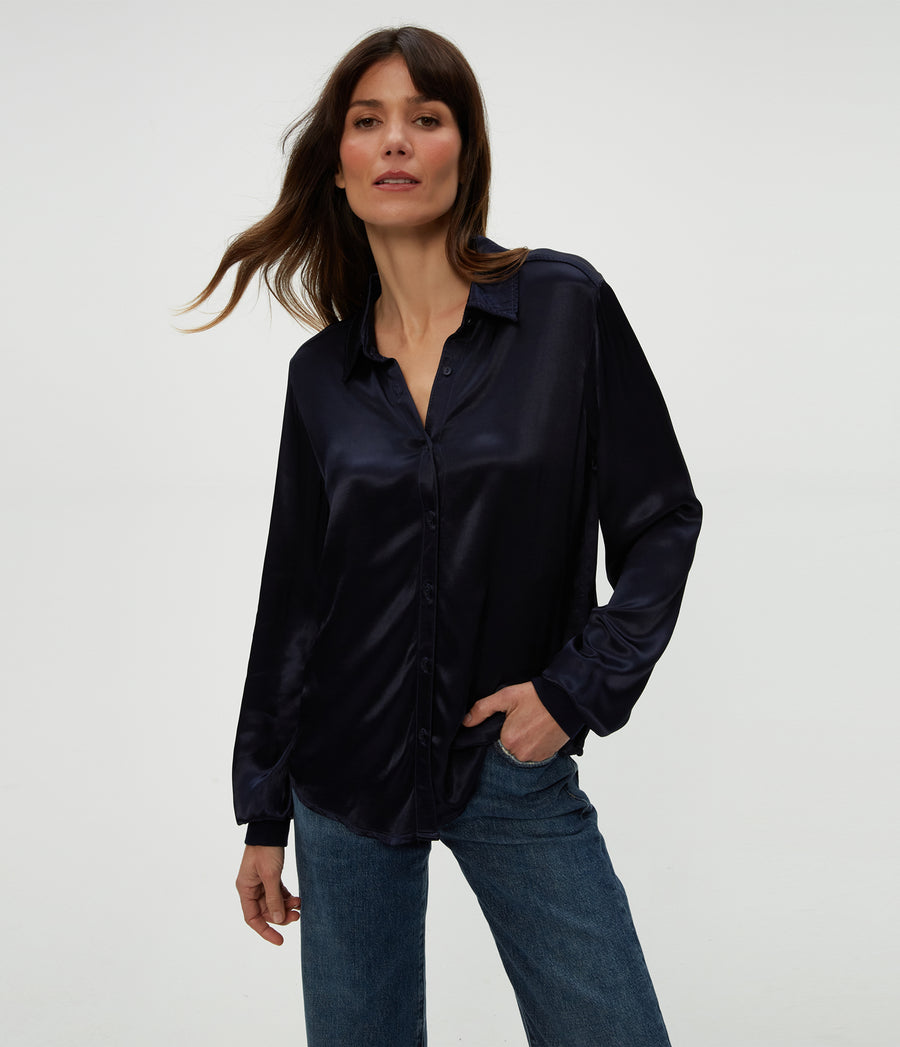 Meredith Satin Button Down Shirt in Nocturnal Blue Unknown View #NOCTURNAL