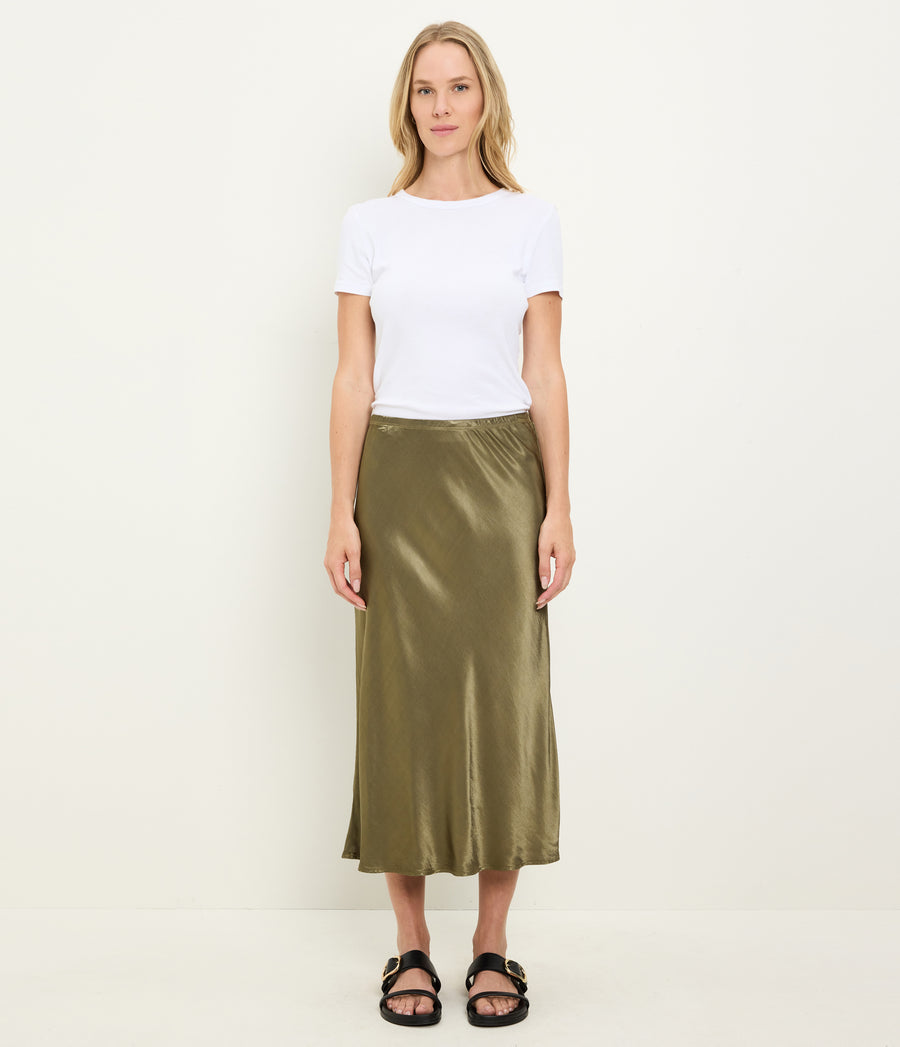 Leila Bias Midi Skirt in CAPER Green Full Body View #CAPER