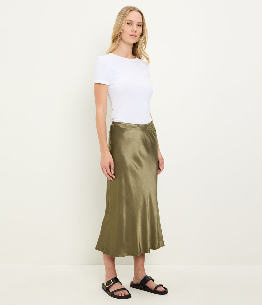 Leila Bias Midi Skirt in CAPER  Green Side View #CAPER