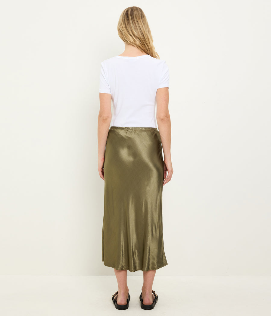 Leila Bias Midi Skirt in CAPER Green Back View #CAPER