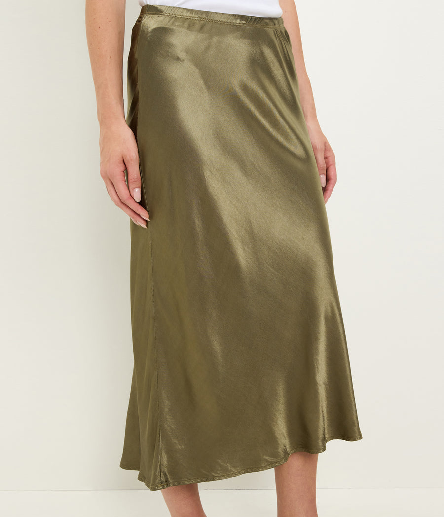Leila Bias Midi Skirt in CAPER Green Close up View #CAPER