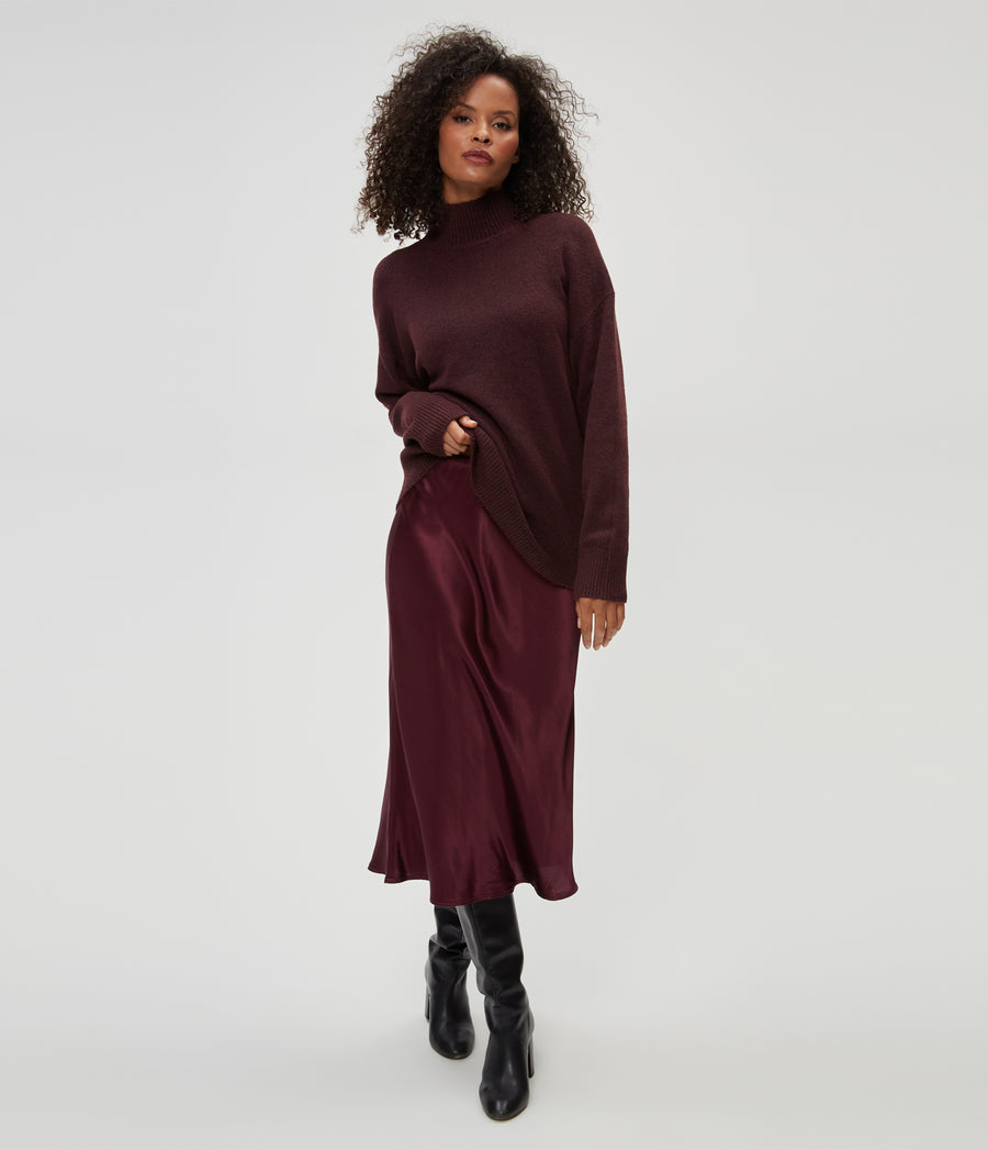 Petite Leila Bias Cut Midi Skirt in Beetroot Purple Front View #BEETROOT