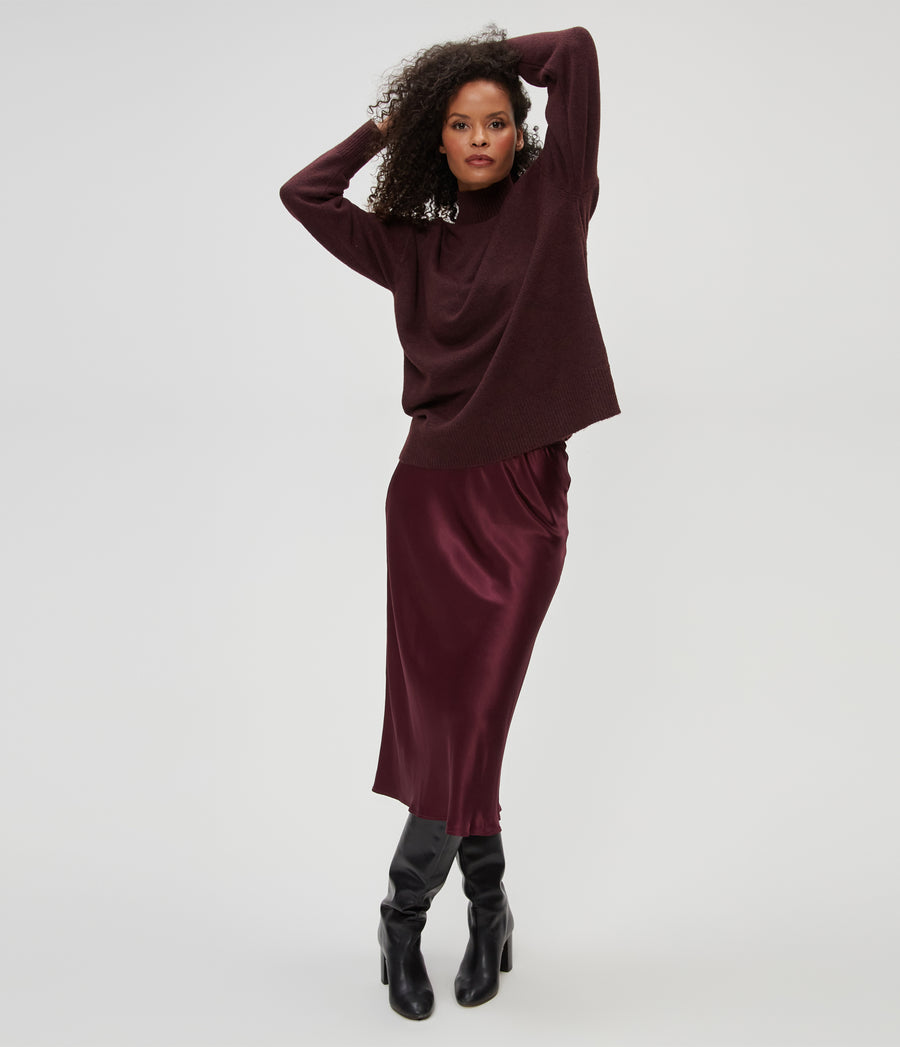 Petite Leila Bias Cut Midi Skirt in Beetroot Purple Full Body View #BEETROOT