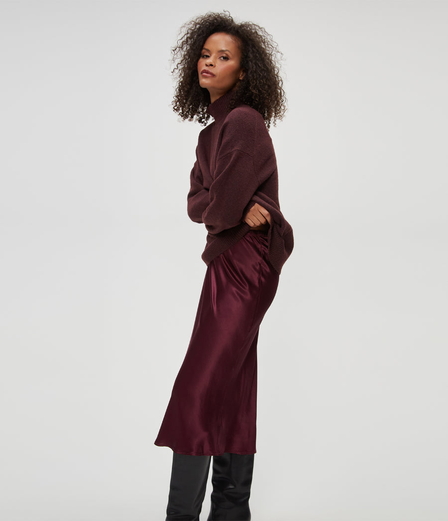 Petite Leila Bias Cut Midi Skirt in Beetroot Purple Side View #BEETROOT