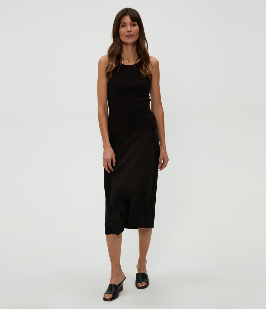 Petite Leila Bias Cut Midi Skirt in Black  Close Up View #BLACK