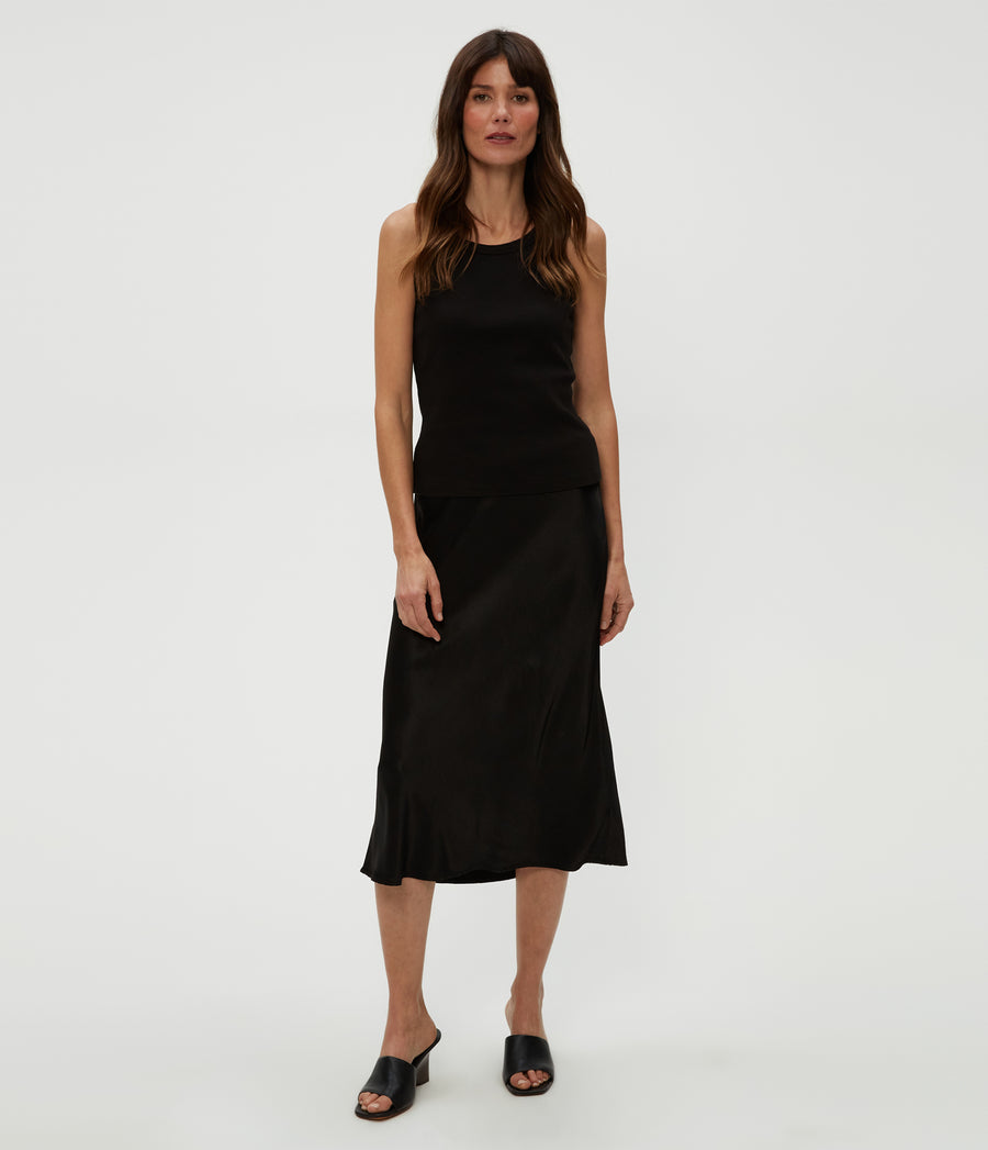 Petite Leila Bias Cut Midi Skirt in Black  Full Body View #BLACK