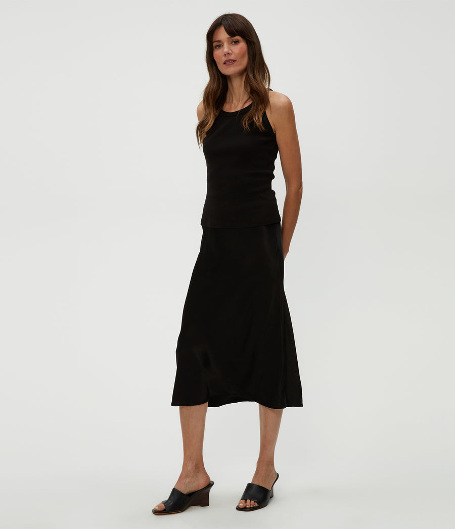 Petite Leila Bias Cut Midi Skirt in Black  Side View #BLACK