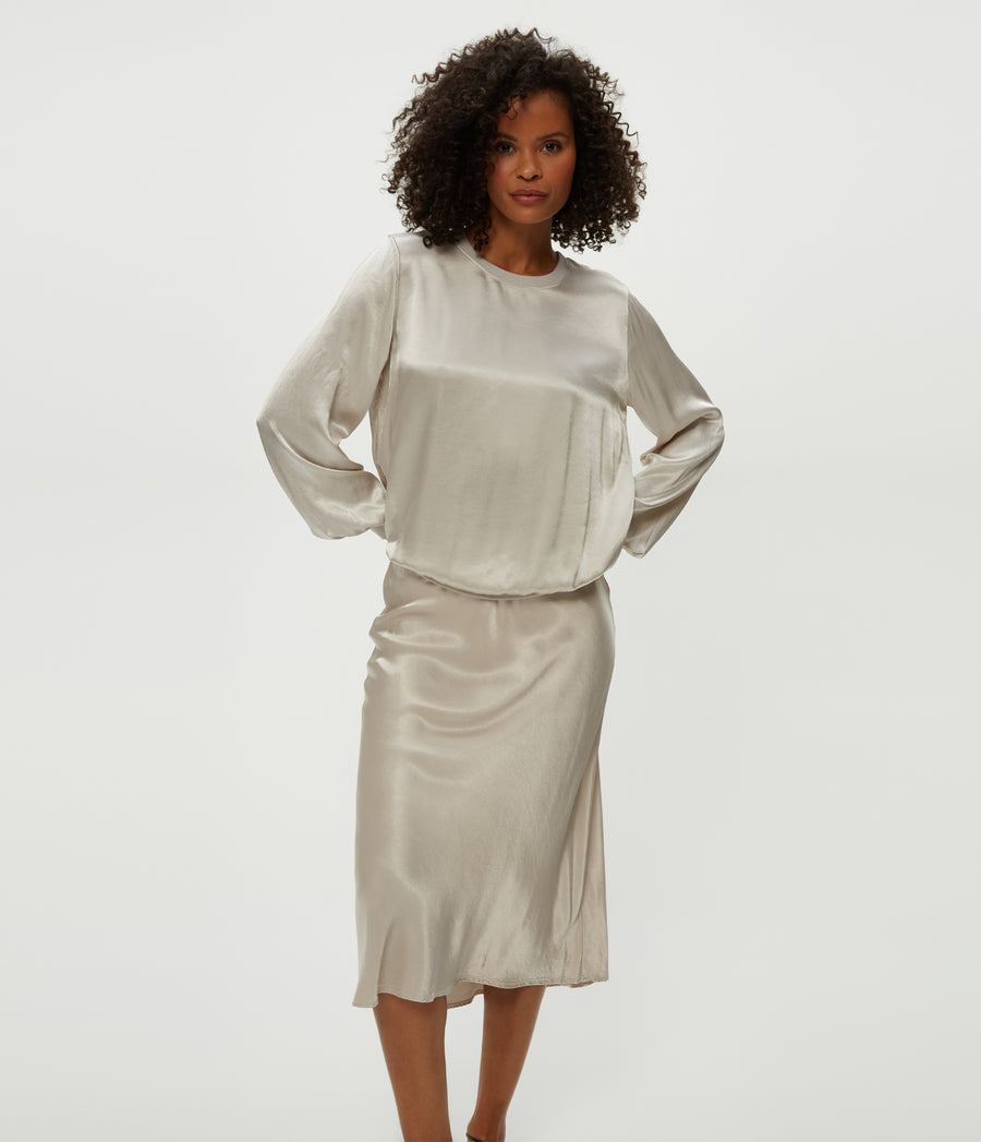 Leila Bias Midi Skirt in Cement Grey Close Up View #CEMENT