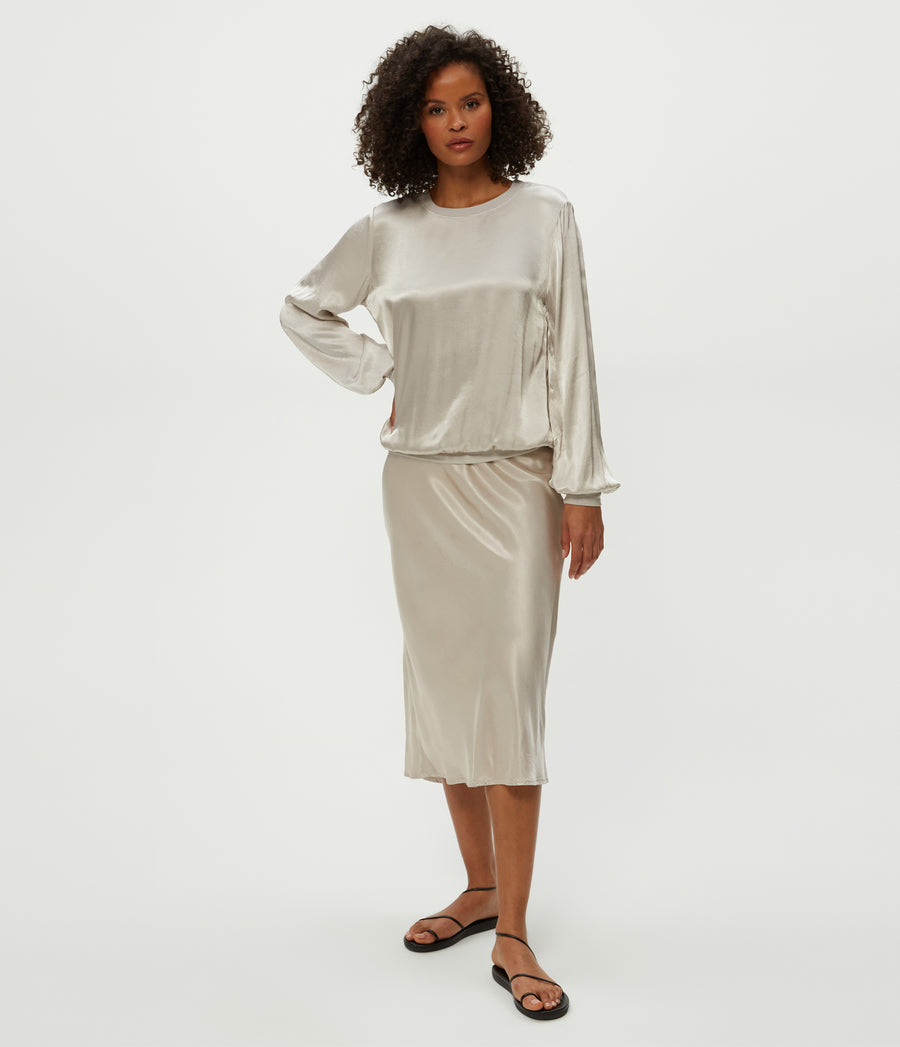 Leila Bias Midi Skirt in Cement Grey Full Body View #CEMENT