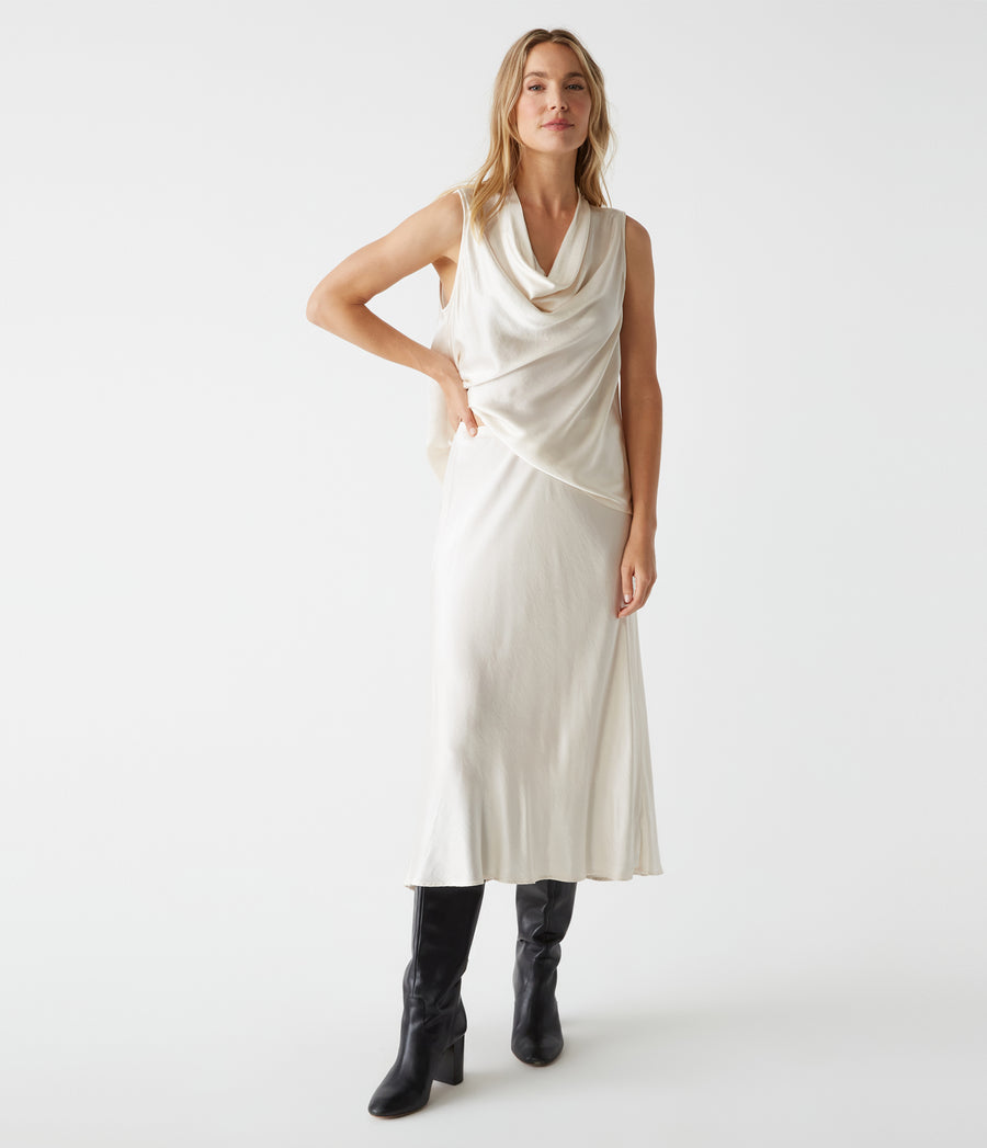 Leila Satin Midi Skirt in Chalk White Close Up View #CHALK