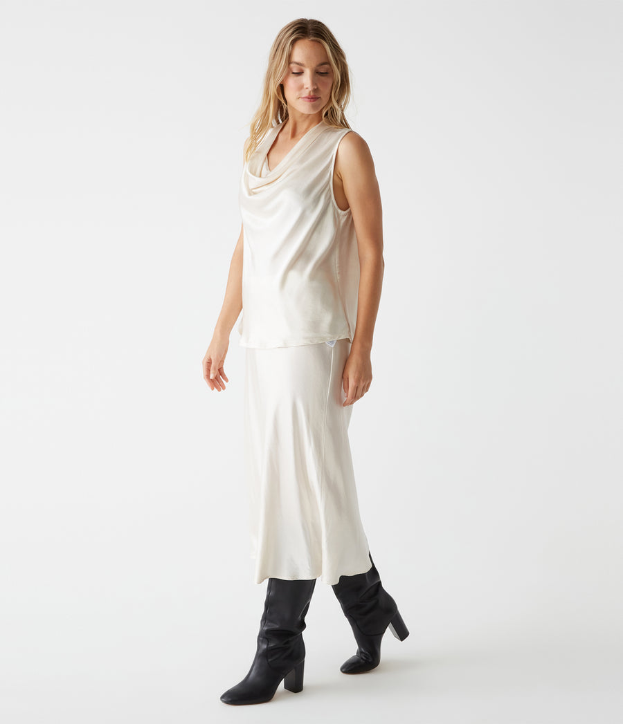 Leila Satin Midi Skirt in Chalk White Side View #CHALK