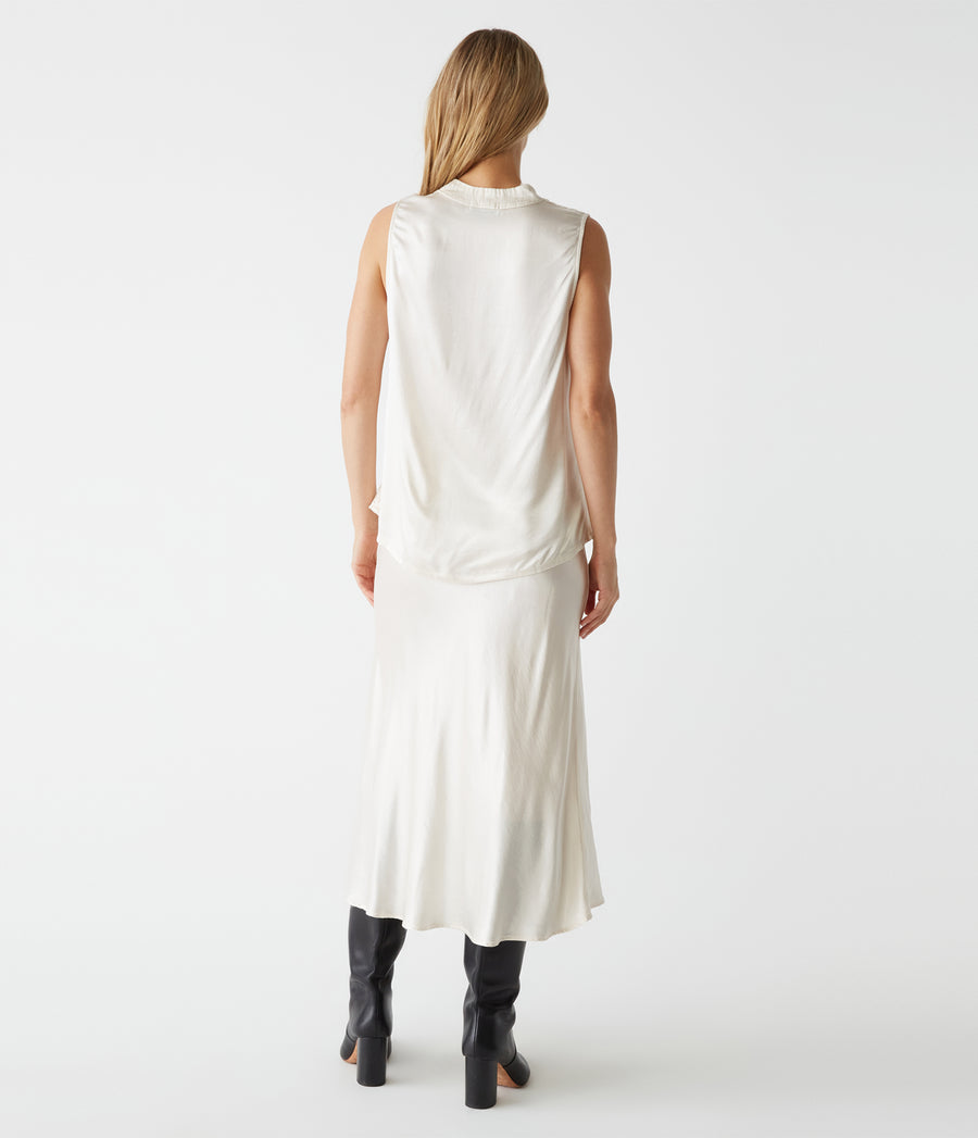 Leila Satin Midi Skirt in Chalk White Back View #CHALK