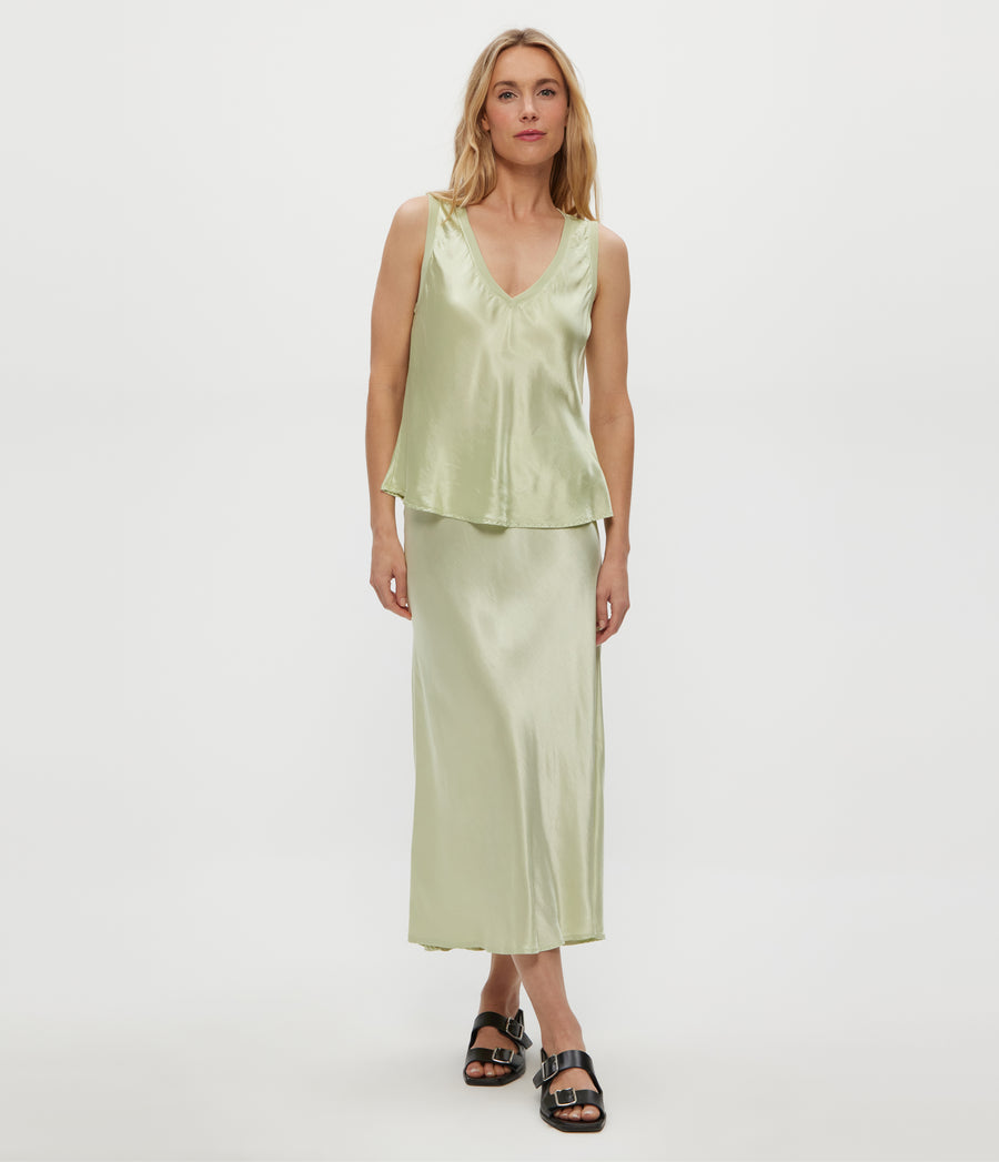 Leila Bias Midi Skirt in CELERY GREEN Full Body View #CELERY