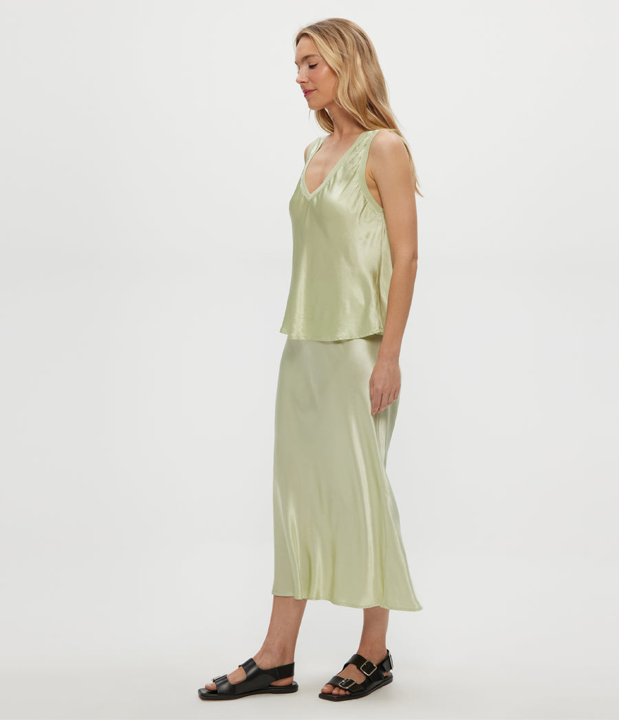 Leila Bias Midi Skirt in CELERY GREEN Side View #CELERY