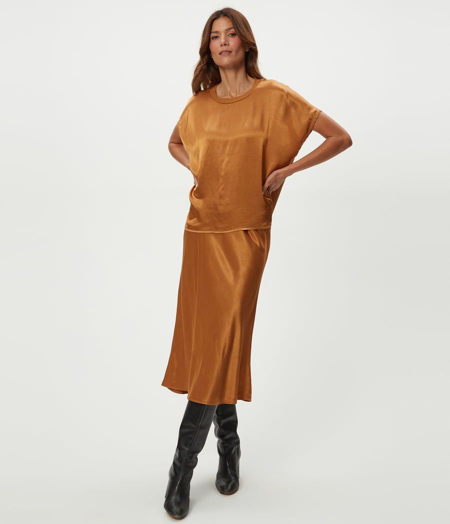 Petite Leila Bias Cut Midi Skirt in Cumin Brown Close Up View #CUMIN