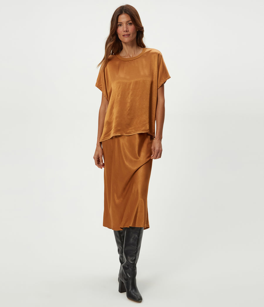 Petite Leila Bias Cut Midi Skirt in Cumin Brown Full Body View #CUMIN