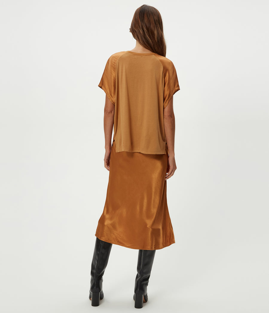 Petite Leila Bias Cut Midi Skirt in Cumin Brown Back View #CUMIN