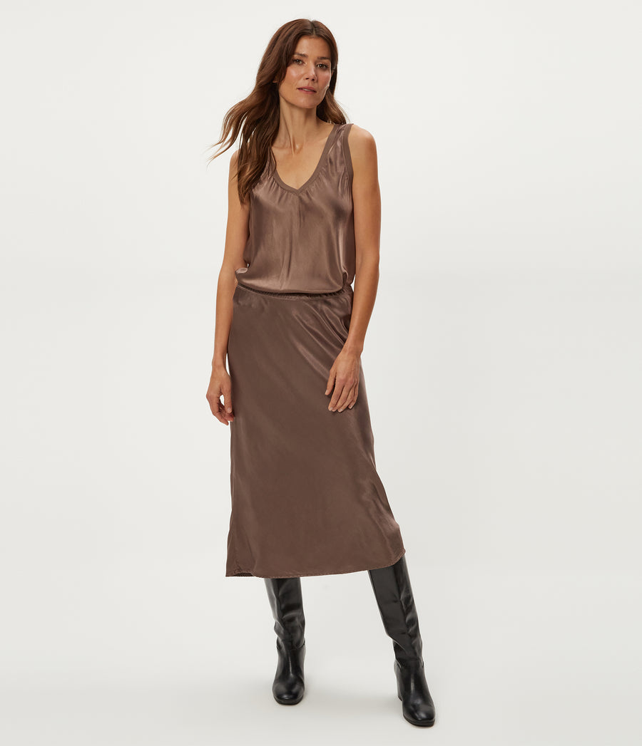 Petite Leila Bias Cut Midi Skirt in Cobblestone Brown Full Body View #COBBLESTONE