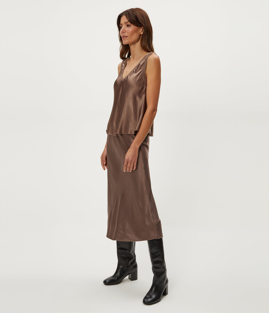 Petite Leila Bias Cut Midi Skirt in Cobblestone Brown Side View #COBBLESTONE