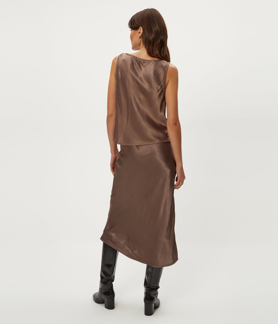 Petite Leila Bias Cut Midi Skirt in Cobblestone Brown Back View #COBBLESTONE