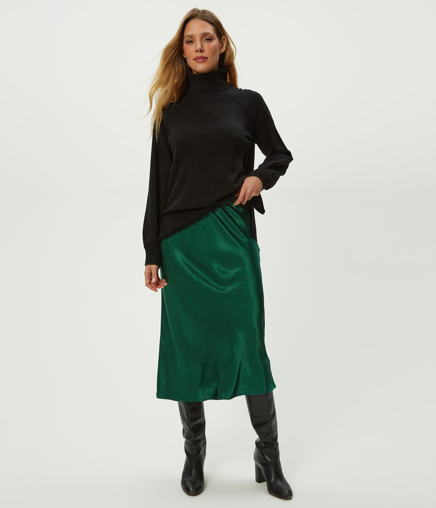Leila Bias Midi Skirt in Emerald GREEN Close up View #EMERALD