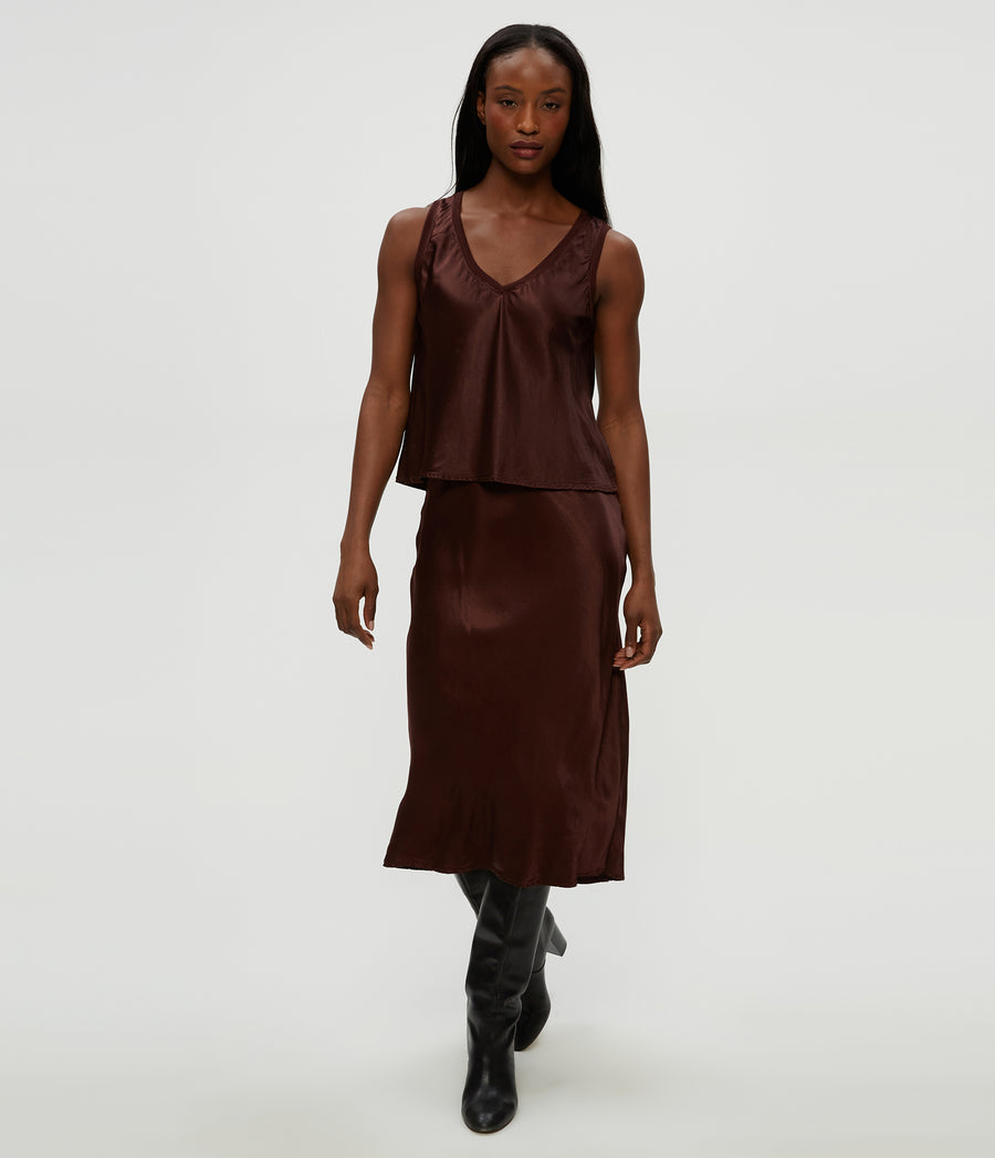 Petite Leila Bias Cut Midi Skirt in ESPRESSO Brown Close Up View #ESPRESSO