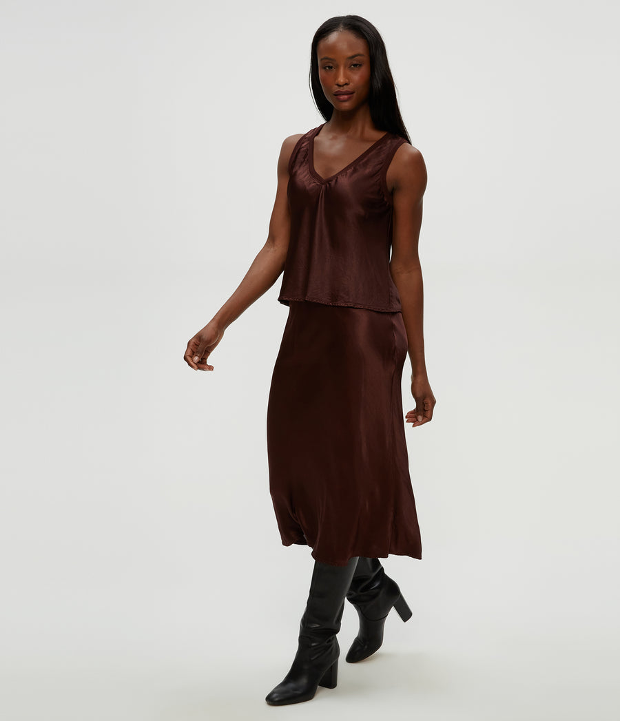Petite Leila Bias Cut Midi Skirt in ESPRESSO Brown Side View #ESPRESSO