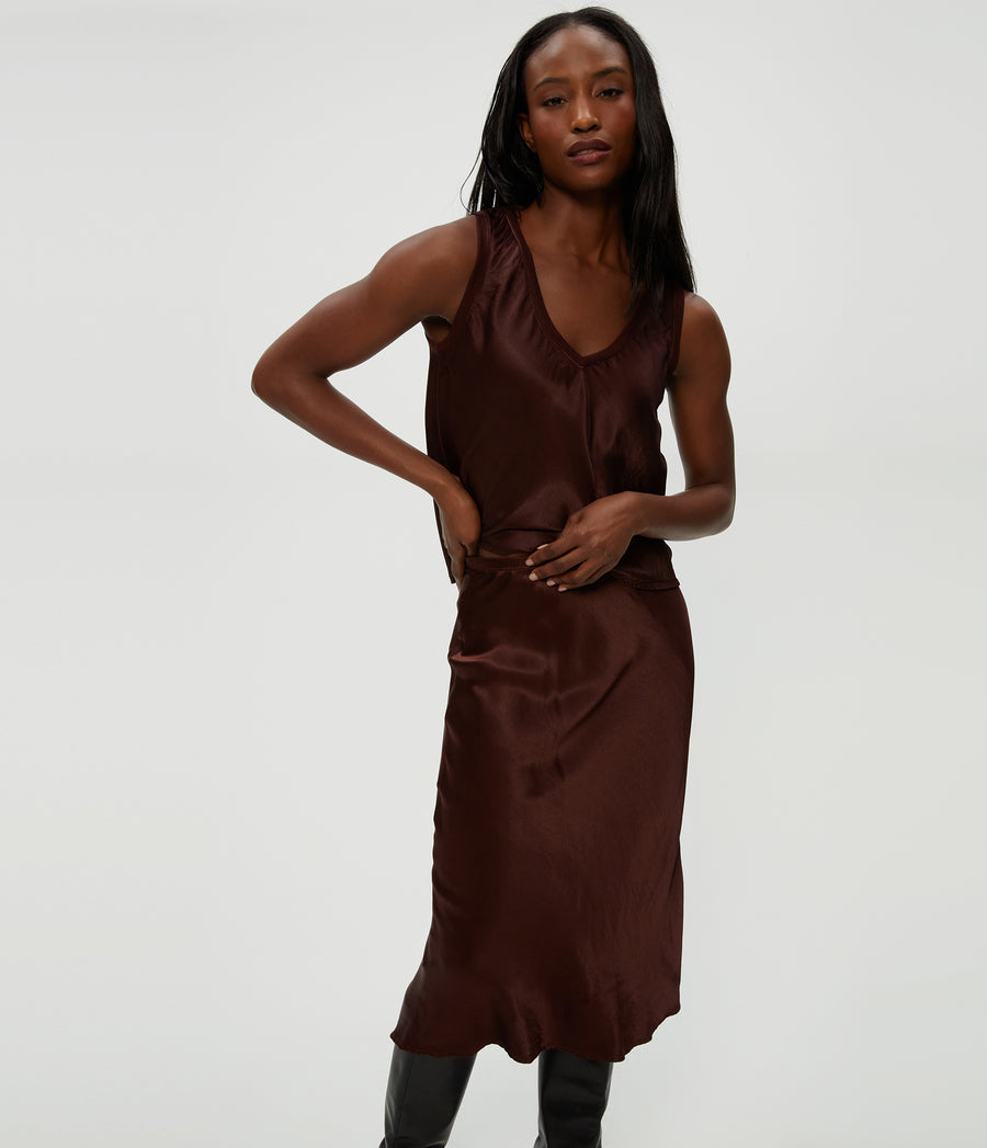 Petite Leila Bias Midi Skirt in ESPRESSO Brown Full Body View #ESPRESSO