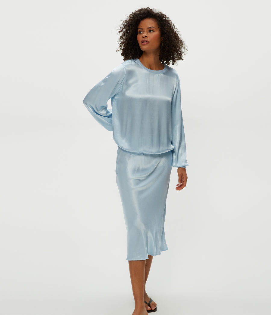 Leila Bias Midi Skirt in Fountain Blue Close Up View #FOUNTAIN