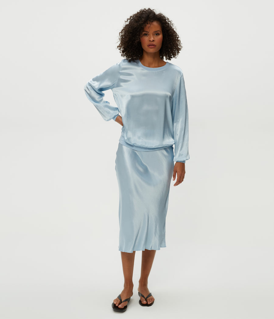 Leila Bias Midi Skirt in Fountain Blue Full Body View #FOUNTAIN