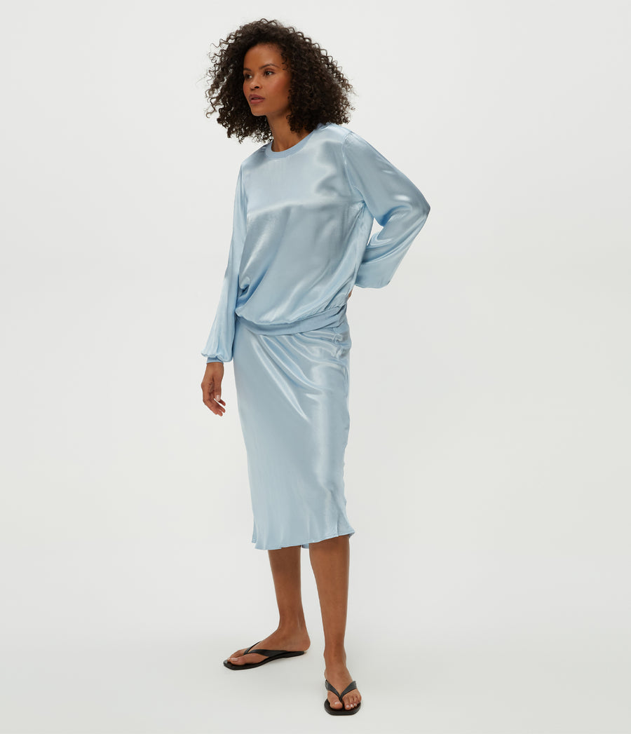 Leila Bias Midi Skirt in Fountain Blue Side View #FOUNTAIN