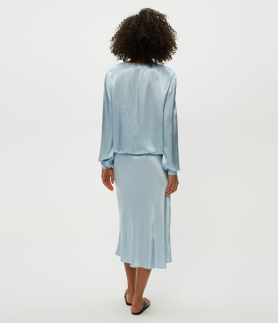 Leila Bias Midi Skirt in Fountain Blue Back View #FOUNTAIN