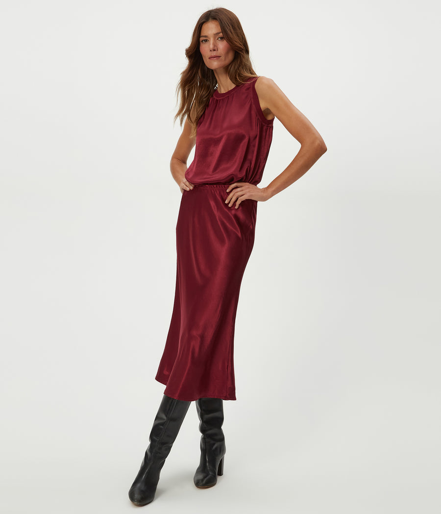 Petite Leila Bias Cut Midi Skirt in Garnet Red Close Up View #GARNET