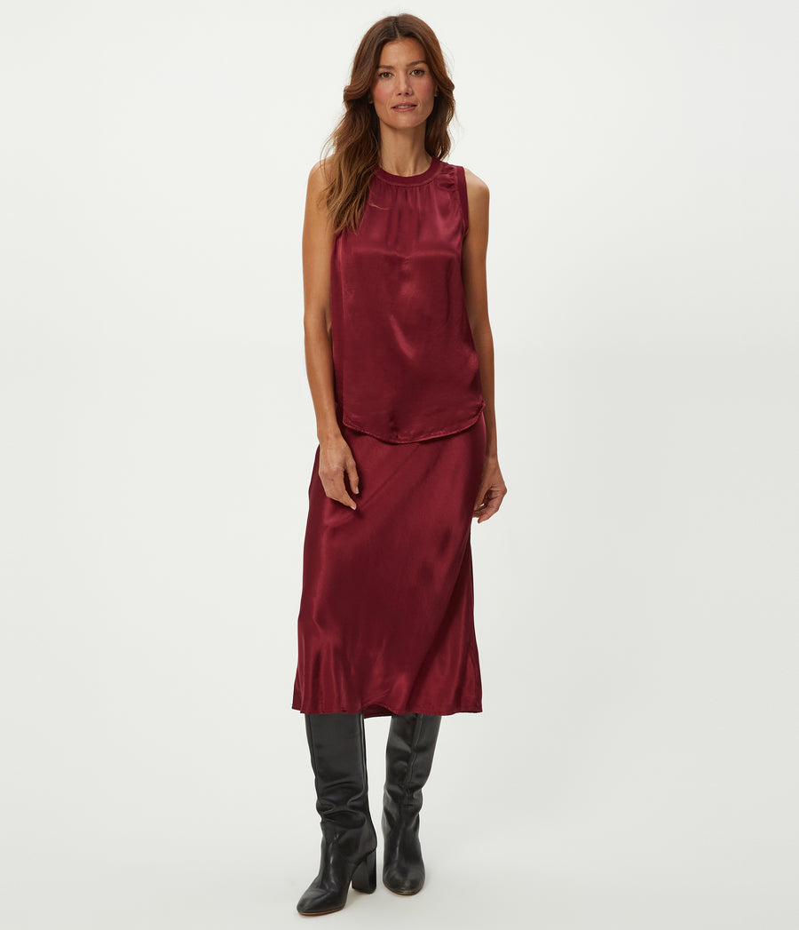 Petite Leila Bias Cut Midi Skirt in Garnet Red Full Body View #GARNET