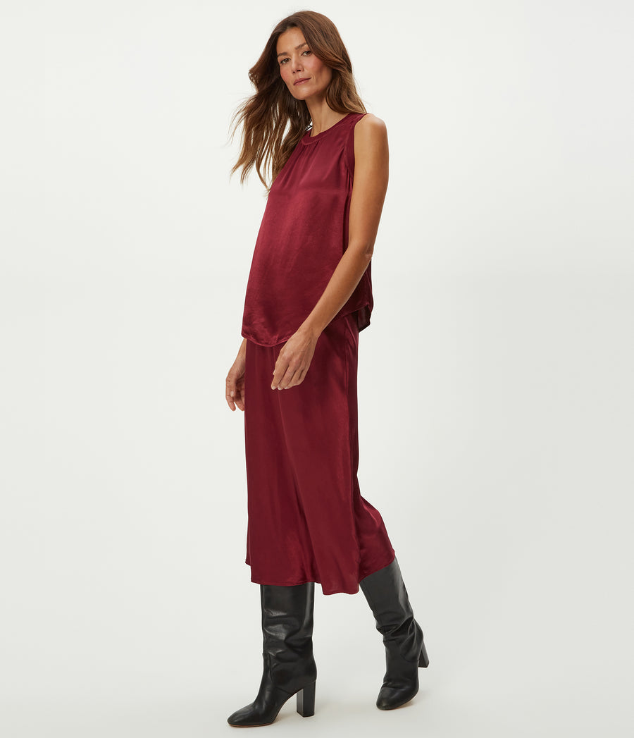 Petite Leila Bias Cut Midi Skirt in Garnet Red Side View #GARNET