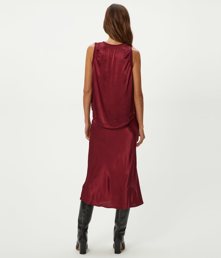 Petite Leila Bias Cut Midi Skirt in Garnet Red Back View #GARNET