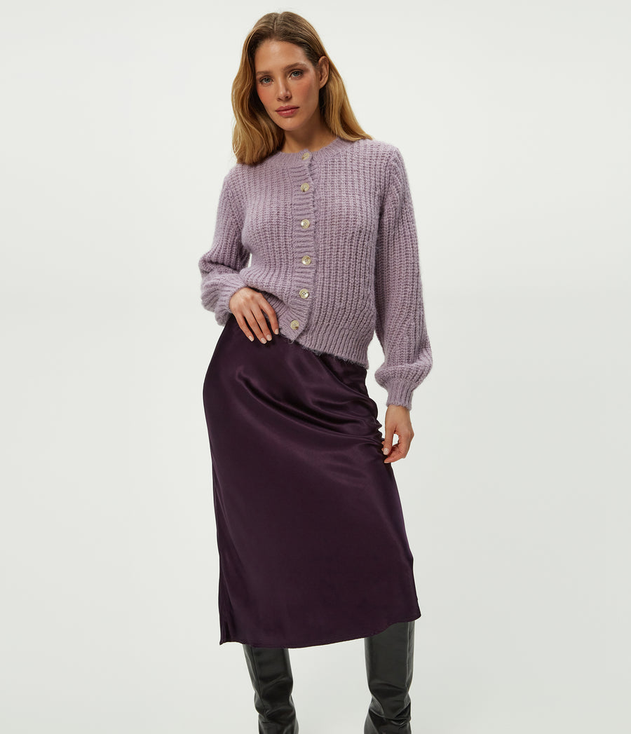 Leila Bias Midi Skirt in Glimmer Purple Close up View #GLIMMER