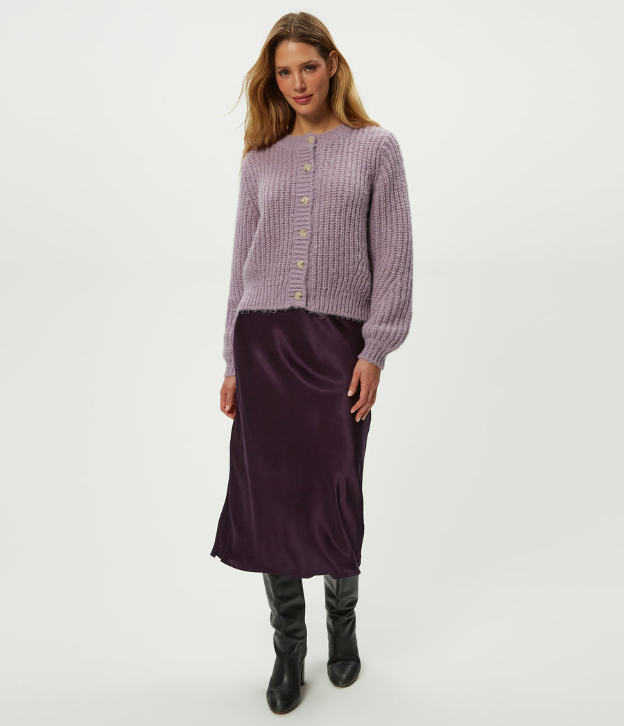 Leila Bias Midi Skirt in Glimmer Purple Full Body View #GLIMMER