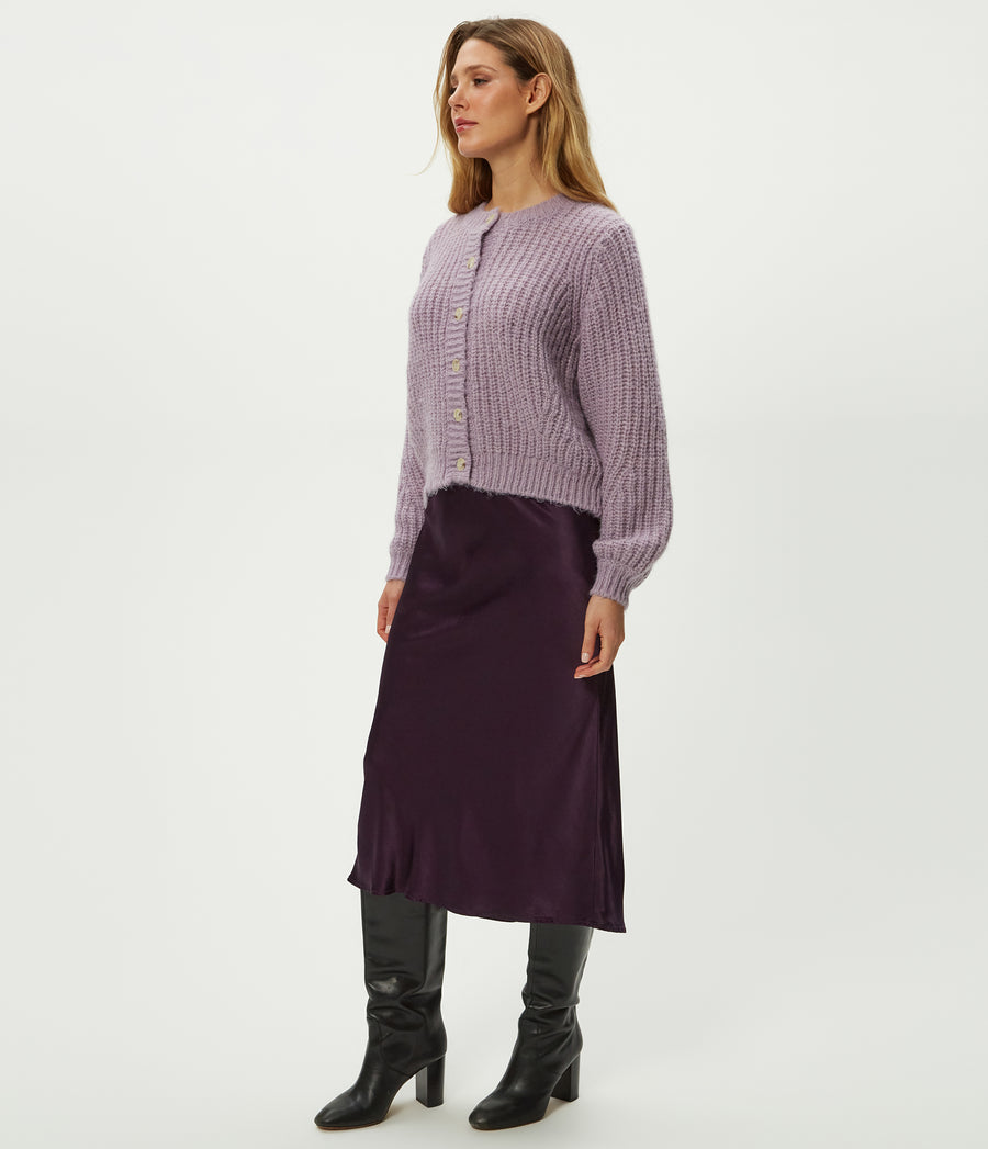 Leila Bias Midi Skirt in Glimmer Purple Side View #GLIMMER