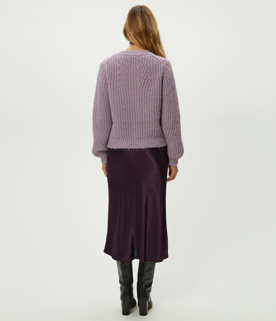 Leila Bias Midi Skirt in Glimmer Purple Back View #GLIMMER
