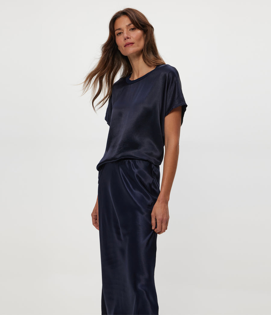 Petite Leila Bias Midi Skirt in Nocturnal Blue Close Up View #NOCTURNAL