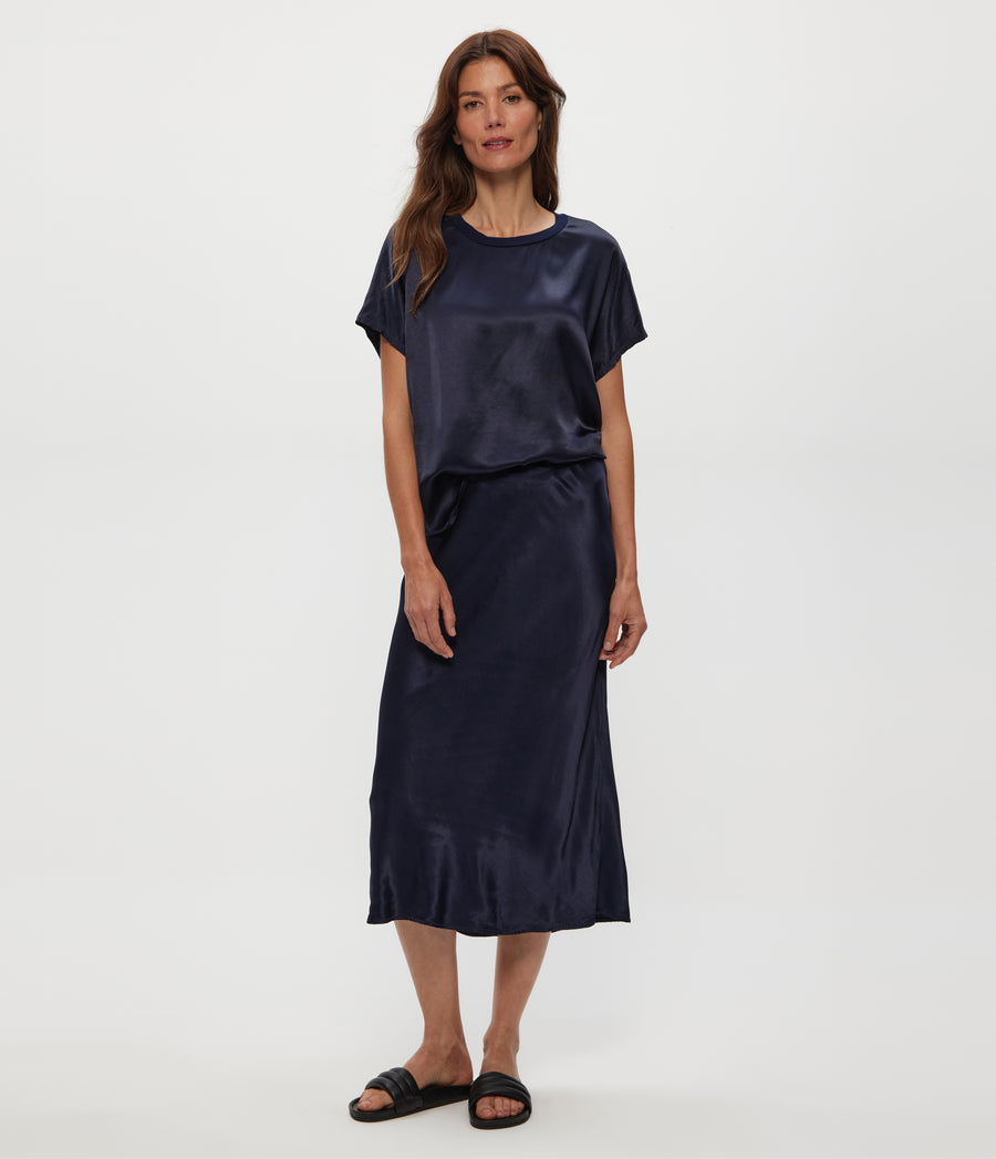 Petite Leila Bias Cut Midi Skirt in Nocturnal Blue Full Body View #NOCTURNAL