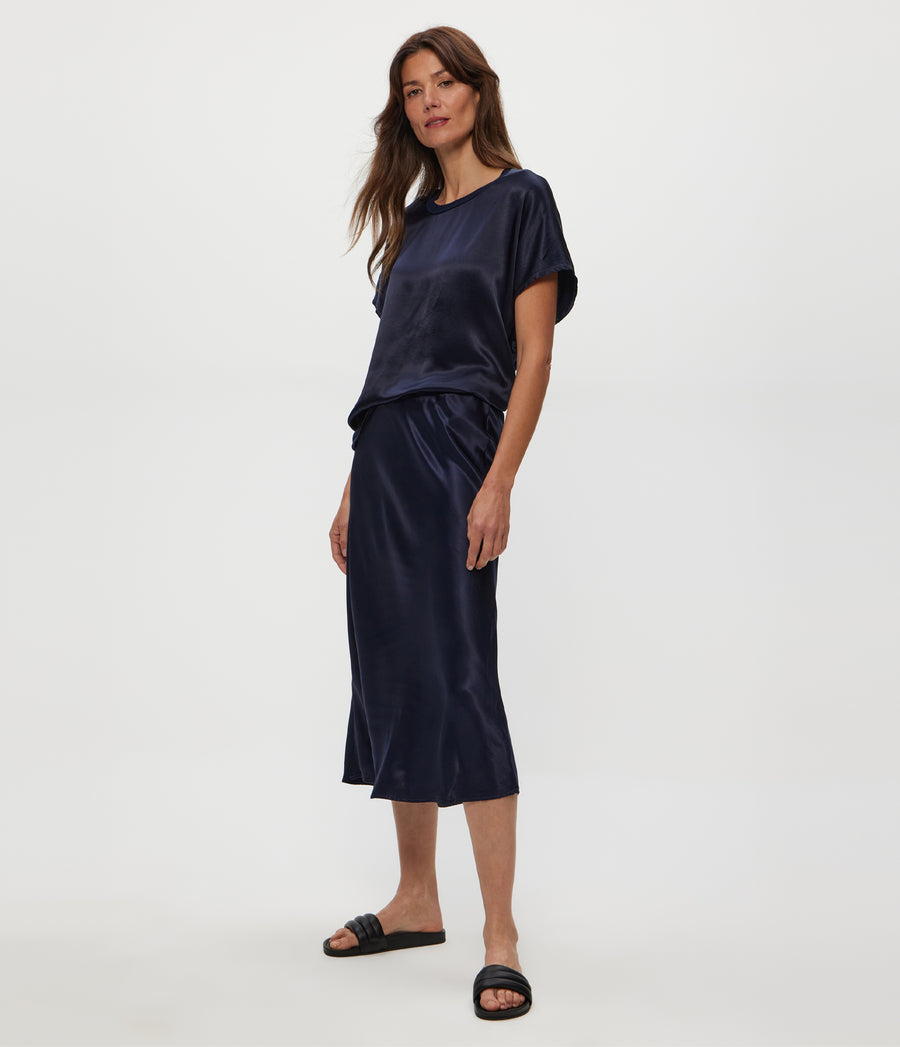 Petite Leila Bias Cut Midi Skirt in Nocturnal Blue Side View #NOCTURNAL