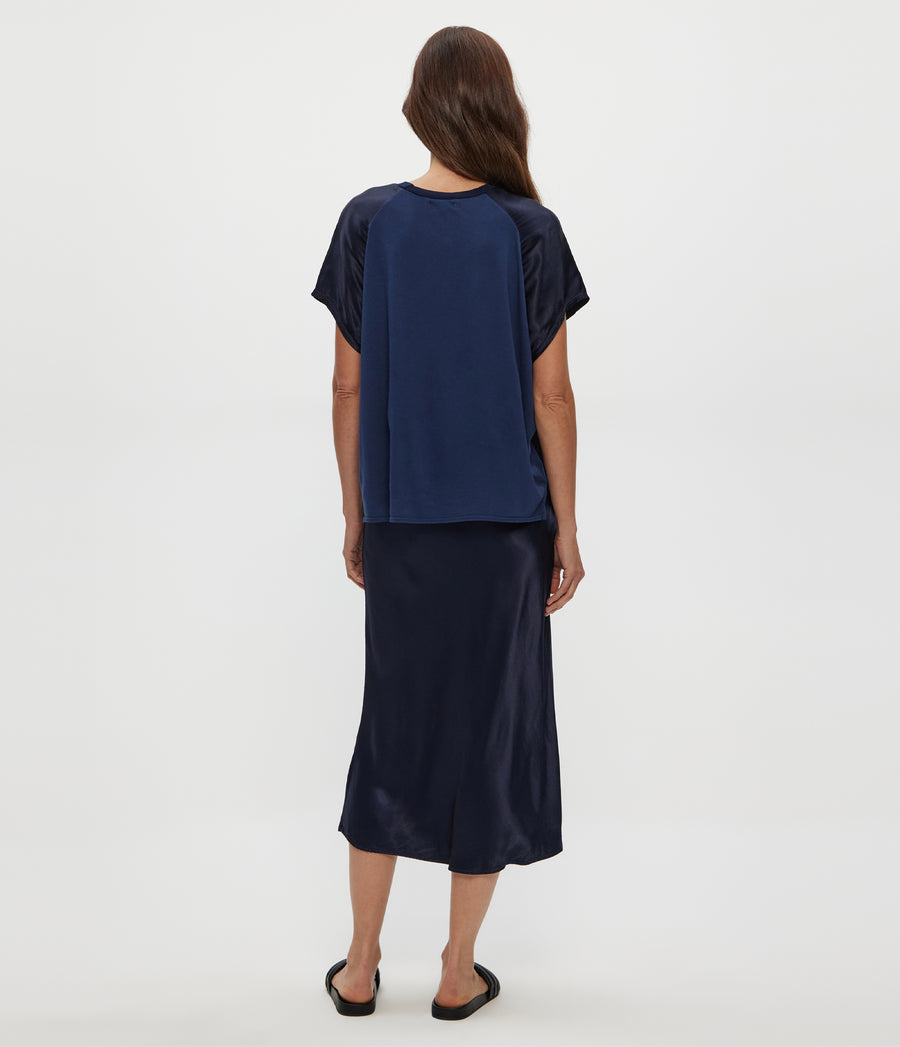 Petite Leila Bias Cut Midi Skirt in Nocturnal Blue Back View #NOCTURNAL